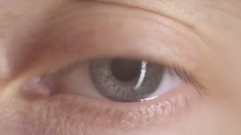 Macro close up grey blue man’s eye. Blinking eye. Eyelid, eyelash, iris, face. Stock Footage 121887105
