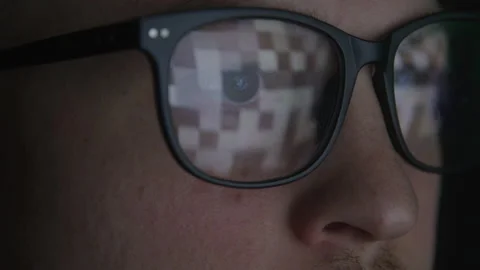 Macro Close-up of Hacker with Mustache Decoding in Dark Room Stock Footage 208797692