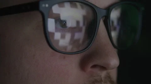Macro Close up of Hacker with Mustache Watching Computer Screen in Dark Room Stock Footage 208797753