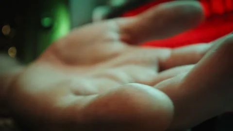 Macro Close Up of Human Hand and Piano Mechanics with Red Lights Stock Footage 332130150