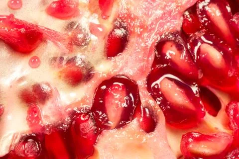 Macro close-up image of a ripe succulent pomegranate that has just been cut.  Stock Photos