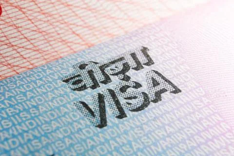 Macro close-up of an Indian visa stamp in a passport with copy space Visa in Stock Photos