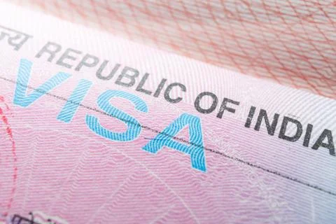 Macro close-up of an Indian visa stamp in a passport with copy space Visa in Stock Photos