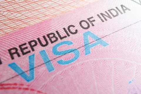 Macro close-up of an Indian visa stamp in a passport with copy space Visa in Stock Photos