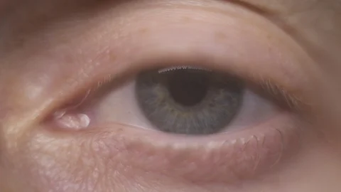 Macro close-up man’s grey blue eye blinking, moving eyeball, look around. Video stock 121887230