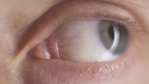 Macro close-up man’s grey blue eye blinking, moving eyeball, look around. Video stock 121887266
