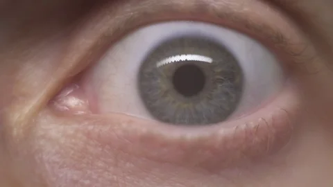 Macro close-up man’s grey blue eye blinking, moving eyeball, look around. Stock Footage 121887425