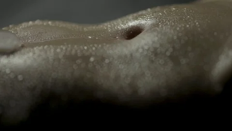 Macro close-up of a melting ice cube slowly sliding into the bare belly Stock Footage 102839446