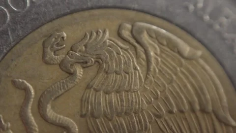 Macro close up of Mexican coin featuring detailed eagle design and textured Stock Footage 343710513