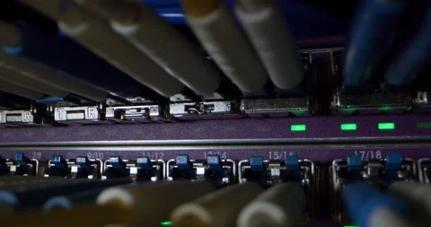 Macro Close Up Optical Fiber Cable Connected to Internet Network Hub Vídeo Stock 156340790