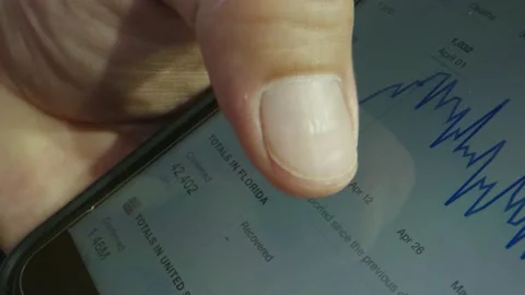 Macro close-up of person scrolling over COVID virus articles on phone Stock Footage 130596157