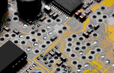 Macro Close up of printed wiring on PC circuit board. 스톡 사진