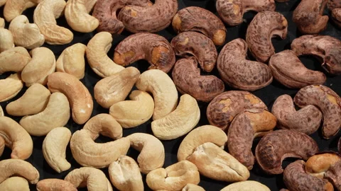 Macro Close-up of Rotating Skin-on and Peeled Cashew Nuts. Video stock 332838839