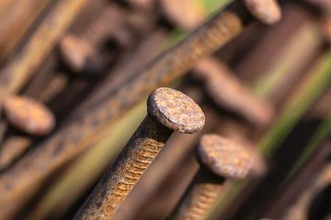 Macro close-up of rusty construction nails showing corroded metal texture Stock Photos