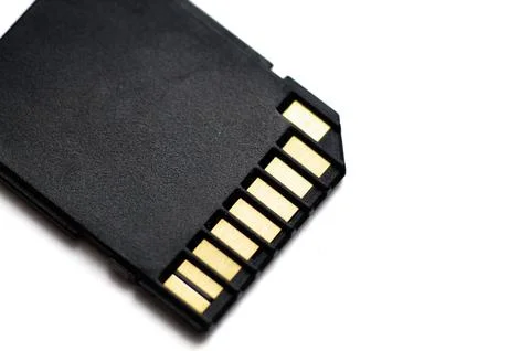Macro close-up of SD memory card isolated on white background Stock-Fotos