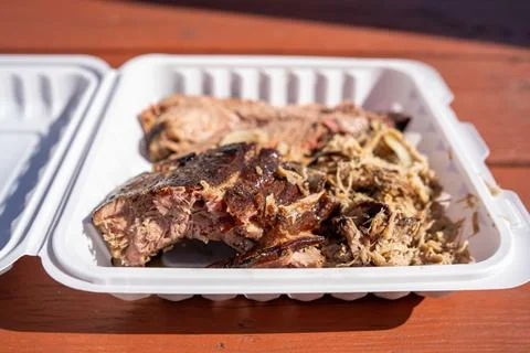 Macro close up shot of pulled brisket and pork rib Photos