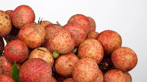 Macro Close Up Shot of Ripe Lychee Bunch on White Background Stock Footage 337326471