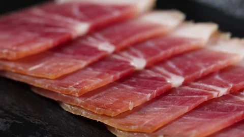 Macro Close Up of Sliced Cured Meat Rack Focus Moody Food Photography Stock Footage 340455638