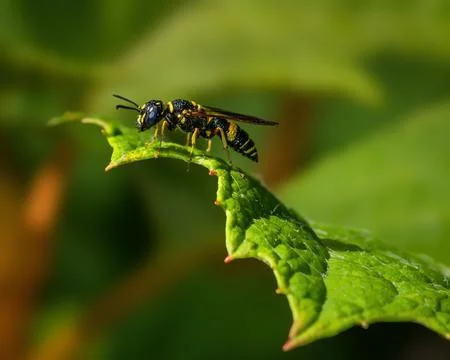 Macro close-up of a small black and yellow wasp resting on the edge of a gr.. 스톡 사진