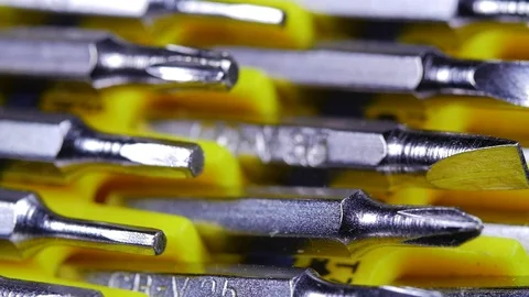 Macro close up of tool bits in case rotating around Video stock 70245665