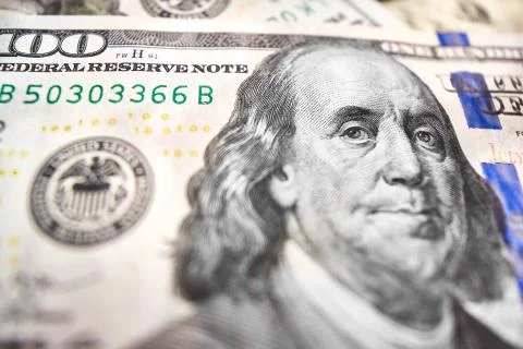 Macro close up of the US 100 dollar bill. Extreme macro. Shallow Stock Photos