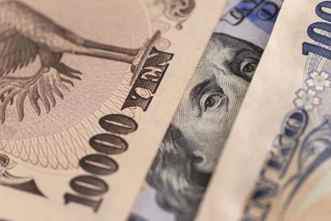 Macro Close-up of US Dollar and Japanese Yen Banknotes Collage Stock Photos