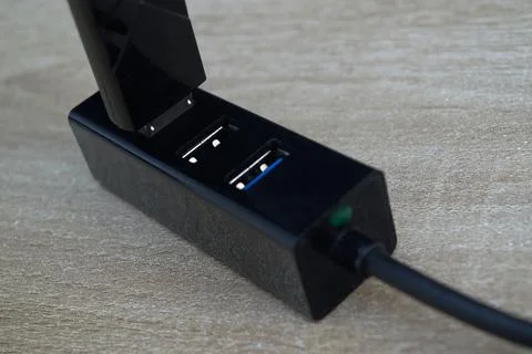 Macro close up of USB flash drive plugged into hub Stock Photos