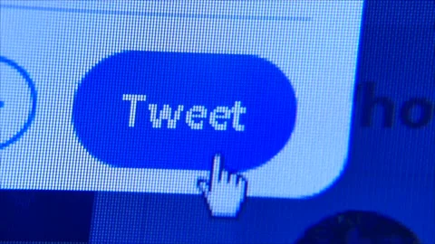 Macro Close Up user clicks blue Twitter Tweet button Stock Footage 157681687