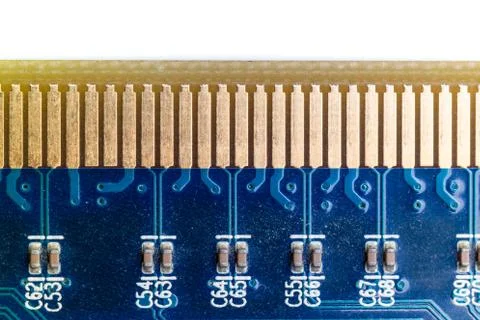 Macro close up view of a blue circuit board and row of  golden connector pins Stock Photos