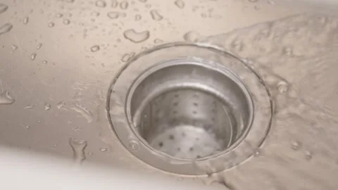Macro Close-up of Water Droplets on Stainless Steel Sink Drain Vídeos de archivo 336561289