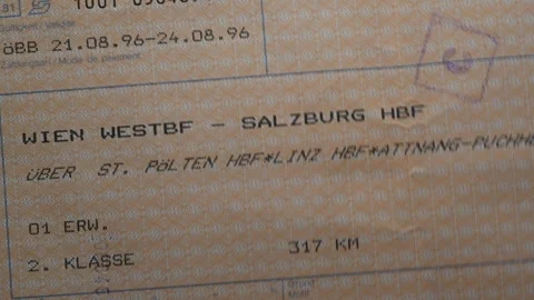 Macro close-up of wide 1996 Austrian international train paper ticket Stock Footage 345506651