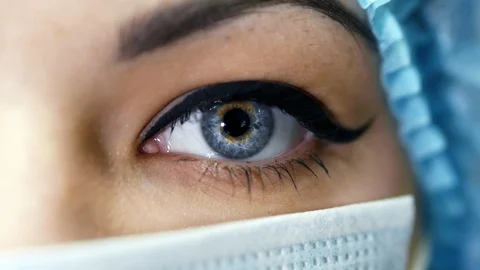 Macro close up of woman's surgeon eye, doctor with face mask ready for operation Stock Footage 102867372