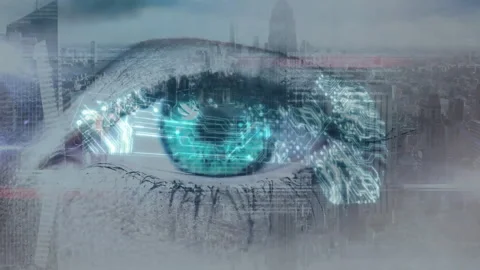 Macro closed eyelid initiating circuits while eye opening revealing glowing Stock Footage 313148376
