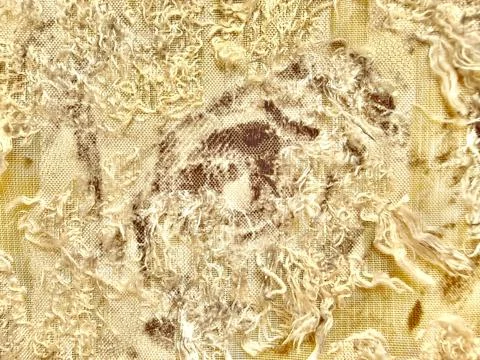 Macro closeup of distressed boucle textile featuring frayed cream yarn loops  Stock Photos