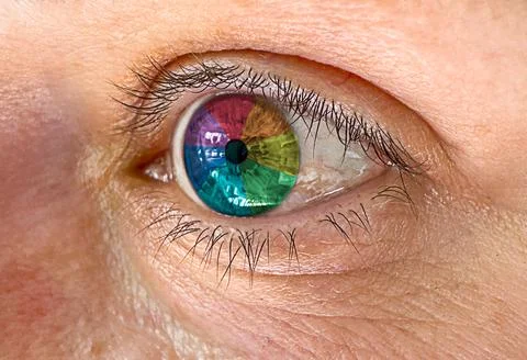 Macro closeup of human eye with multicolor contact lens during ophthalmology 库存照片