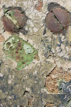 Macro closeup of two flat head bolts in rusted metal industrial equipment Stock Photos