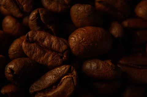 Macro Coffee Beans Selective Focus: Close-up Roasted Grains, Food Stock, Na.. Stock Photos