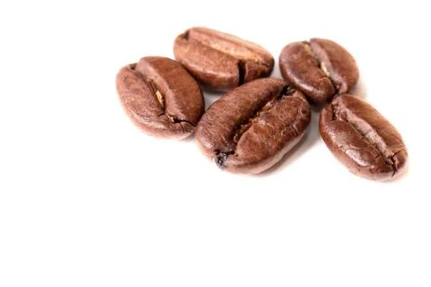 Macro of coffee beans on white background. Selective focus Stock Photos