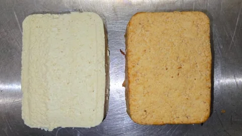 Macro Comparison of Fresh White Tofu and Smoked Tofu on Production Line. Close-u Stock Footage 332874845