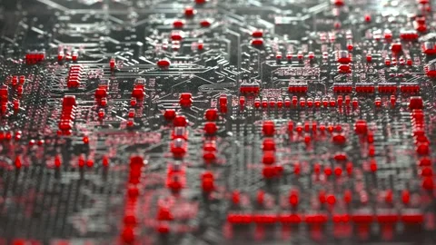 Macro of computer circuit board with red light scanning across components Stock Footage 335031106