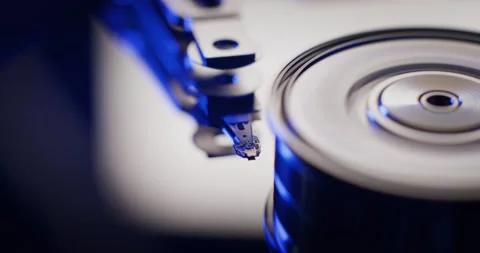 Macro of computer hard disk inside. Spin up disk Stock Footage 217935271