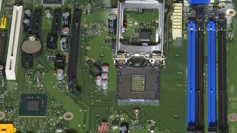 Macro Computer Motherboard Circuit and slot cpu Slider Shot, Close Up Stock-Footage 100815207