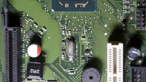 Macro Computer Motherboard Circuit and slot cpu Slider Shot, Video stock 100815835