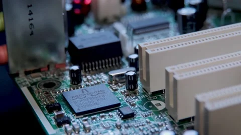MACRO Computer Motherboard showing chips, transistors and circuits Stock Footage 130208191