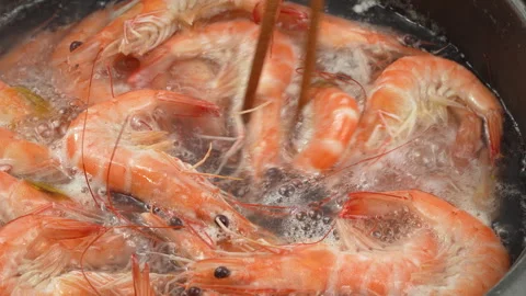 Macro of Cooked Vietnamese Whiteleg Shrimp Stirred in Boiling Pot Stock Footage 339634028