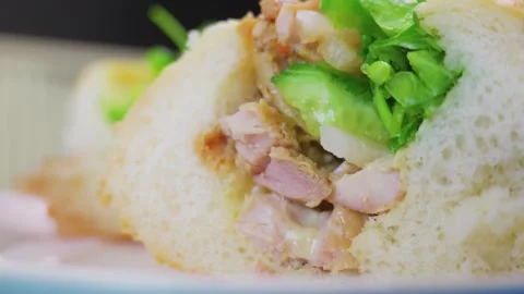Macro cross section of fresh Vietnamese banh mi sandwich with chicken Stock Footage 340184380