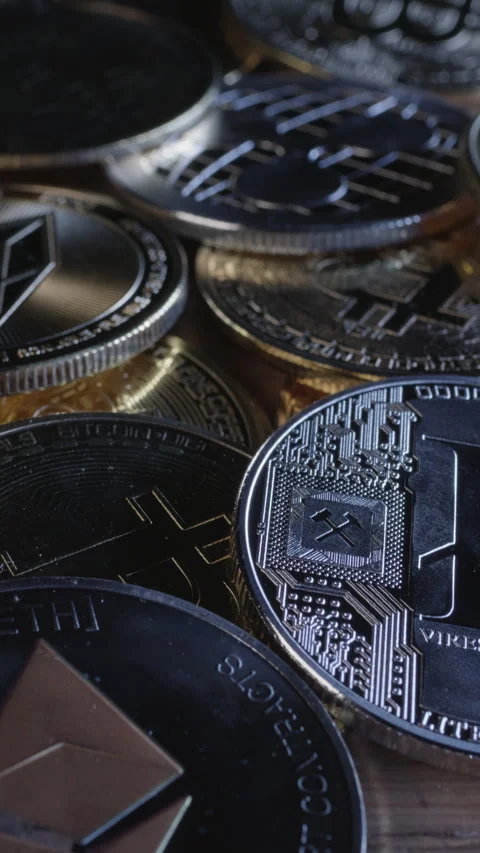 Macro cryptocurrency coins in focus Stock Footage 295031584