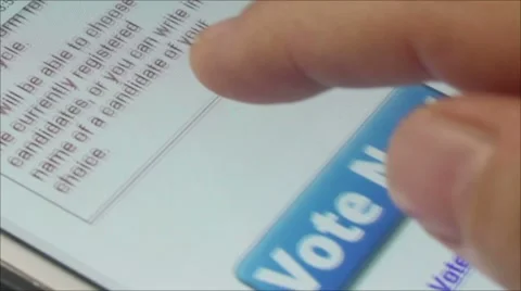 Macro CU of user tapping large 'Vote Now' button on smartphone app Stock Footage 63199685