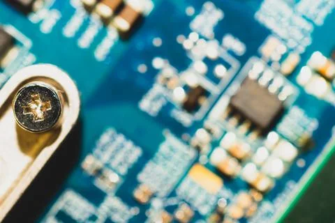 Macro detail of circuit board. computer motherboard close up. micro elements  Stock Photos