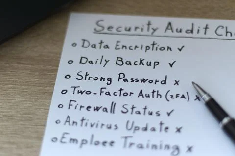 Macro detail of security audit checklist with strong password vulnerability Stock-Fotos